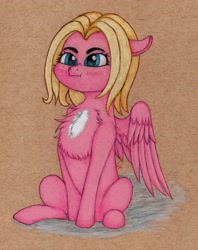 Size: 3067x3864 | Tagged: safe, artist:myzanil, imported from derpibooru, oc, oc only, oc:mio, pegasus, pony, blushing, chest fluff, colored pencil drawing, cute, floppy ears, freckles, grumpy, high res, pegasus oc, puffed chest, sitting, solo, traditional art