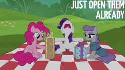 Size: 1280x720 | Tagged: safe, edit, edited screencap, editor:quoterific, imported from derpibooru, screencap, maud pie, pinkie pie, rarity, earth pony, pony, unicorn, season 6, the gift of the maud pie, female, mare, nose in the air, open mouth, present, smiling