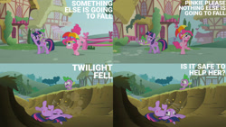 Size: 1280x720 | Tagged: safe, edit, edited screencap, editor:quoterific, imported from derpibooru, screencap, pinkie pie, spike, twilight sparkle, dragon, earth pony, pony, unicorn, feeling pinkie keen, season 1, eyes closed, female, floppy ears, lying down, male, mare, on back, open mouth, unicorn twilight