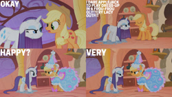 Size: 1280x720 | Tagged: safe, edit, edited screencap, editor:quoterific, imported from derpibooru, screencap, applejack, rarity, earth pony, pony, unicorn, look before you sleep, season 1, applejack's hat, cowboy hat, female, froufrou glittery lacy outfit, golden oaks library, hat, mare, open mouth, princess applejack, rain, wet, wet mane