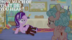 Size: 1280x720 | Tagged: safe, edit, edited screencap, editor:quoterific, imported from derpibooru, screencap, cozy glow, starlight glimmer, pegasus, pony, unicorn, marks for effort, season 8, spoiler:s08, female, filly, mare, open mouth, school of friendship