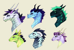 Size: 1280x871 | Tagged: safe, artist:kraytt-05, imported from derpibooru, oc, oc only, oc:bayron, oc:curious violet, oc:fervent flame, oc:intimidating fang, oc:perseo, dracony, hybrid, bust, female, interspecies offspring, magical gay spawn, magical lesbian spawn, male, offspring, parent:gilda, parent:princess ember, parent:rarity, parent:spike, parent:thorax, parent:twilight sparkle, parents:emberlight, parents:gildember, parents:sparity, parents:thoraxspike, simple background