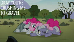 Size: 1280x720 | Tagged: safe, edit, edited screencap, editor:quoterific, imported from derpibooru, screencap, limestone pie, marble pie, pinkie pie, earth pony, pony, season 8, the maud couple, spoiler:s08, female, grin, hair over one eye, mare, one eye closed, pie sisters, siblings, sisters, smiling