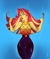 Size: 1200x1420 | Tagged: safe, artist:amanda-hast, imported from derpibooru, sunset shimmer, equestria girls, equestria girls series, let it rain, spoiler:eqg series (season 2), curvy, female, geode of empathy, hourglass figure, magical geodes, rain, sleeveless, solo