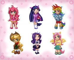 Size: 1280x1038 | Tagged: safe, artist:frubunny, artist:frudoodles, imported from derpibooru, applejack, fluttershy, pinkie pie, rainbow dash, rarity, twilight sparkle, human, 2011, book, chibi, clothes, female, gloves, hoodie, horn, horned humanization, humanized, mane six, sandals, shorts, skirt, socks, tailed humanization, winged humanization, wings