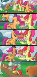 Size: 1987x4096 | Tagged: safe, artist:db, imported from derpibooru, apple bloom, ripley, scootaloo, zippoorwhill, dog, earth pony, pegasus, pony, forever filly, ball, behaving like a dog, butt, comic, cute, female, filly, mouth hold, plot, question mark, scootapup, underhoof