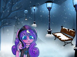 Size: 2300x1700 | Tagged: safe, artist:starsilk, imported from derpibooru, oc, oc only, oc:star silk, pegasus, pony, bench, floppy ears, sad, snow, snowfall, solo, streetlight, tree