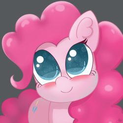 Size: 2160x2160 | Tagged: safe, artist:limitmj, imported from derpibooru, pinkie pie, earth pony, pony, big eyes, blushing, cute, diapinkes, ear fluff, gray background, high res, looking at you, looking up, ponk, simple background, smiling, solo, starry eyes, weapons-grade cute, wingding eyes