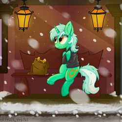 Size: 4000x4000 | Tagged: safe, artist:d3f4ult_4rt1st, imported from derpibooru, lyra heartstrings, pony, unicorn, fanfic:background pony, bag, bench, clothes, cold, dig the swell hoodie, ear fluff, freezing, hoodie, lyre, messy mane, musical instrument, sad, saddle bag, sitting, snow, snowfall, solo, train station