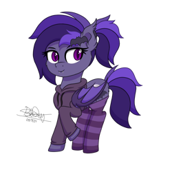 Size: 1280x1280 | Tagged: safe, artist:itsnovastarblaze, imported from derpibooru, oc, oc only, oc:eris moon, bat pony, pony, cheek fluff, clothes, ear fluff, female, hairpin, hoodie, looking back, mare, simple background, socks, solo, standing, striped socks, transparent background