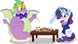 Size: 1920x1088 | Tagged: safe, artist:n0kkun, imported from derpibooru, rarity, spike, dragon, fish, unicorn, flurry heart's story, adult, adult spike, bhm, bowtie, chopsticks, clothes, crown, cushion, duo, ear piercing, fat, fat spike, female, food, glasses, jacket, jewelry, male, older, older rarity, older spike, onigiri, piercing, regalia, salmon, shipping, simple background, sparity, straight, sushi, table, tea, tiara, transparent background, vector
