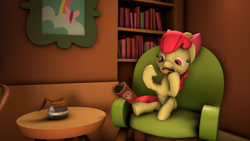 Size: 1920x1080 | Tagged: safe, artist:forerunnerfoxx, imported from derpibooru, apple bloom, earth pony, pony, 3d, coffee, coffee mug, couch, female, filly, mug, newbie artist training grounds, source filmmaker, table