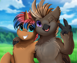 Size: 3215x2640 | Tagged: safe, artist:pridark, imported from derpibooru, oc, oc only, oc:aeto, unnamed oc, hippogriff, pony, unicorn, bust, cloud, cute, duo, grass, high res, hippogriff oc, horn, male, mountain, multicolored hair, ocbetes, one eye closed, peace sign, portrait, scenery, sky, smiling, tree, unicorn oc, wink