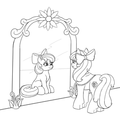 Size: 1000x1025 | Tagged: safe, artist:zevironmoniroth, imported from derpibooru, apple bloom, earth pony, pony, clothes, female, filly, goldie delicious' shawl, mare, mirror, monochrome, older, older apple bloom, shawl, sketch