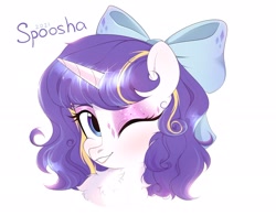 Size: 2048x1603 | Tagged: safe, artist:spoosha, imported from derpibooru, rarity, pony, unicorn, alternate hairstyle, bow, chest fluff, hair bow, simple background, solo, white background