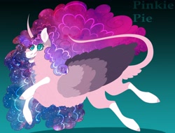 Size: 4096x3110 | Tagged: safe, artist:inisealga, imported from derpibooru, pinkie pie, alicorn, pony, abstract background, alicornified, alternate design, alternate universe, chest fluff, coat markings, curved horn, fluffy, folded wings, gradient background, horn, leonine tail, markings, neck fluff, pinkiecorn, race swap, socks (coat markings), wings, xk-class end-of-the-world scenario