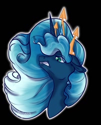 Size: 1041x1280 | Tagged: safe, artist:gadjil974, imported from derpibooru, oc, oc only, pony, unicorn, angry, black background, blue mane, bust, crown, eyelashes, female, flowing mane, gem, green eyes, horn, jewelry, princess, regalia, signature, simple background, solo, teeth