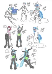 Size: 906x1280 | Tagged: safe, artist:bluelilytz, imported from derpibooru, dj pon-3, queen chrysalis, vinyl scratch, anthro, human, unguligrade anthro, arm hooves, blushing, bodysuit, chrysalis suit, clothes, cosplay, costume, cutie mark, cutie mark on clothes, human to anthro, human to changeling, mind control, ponysuit, traditional art, transformation, transformation sequence