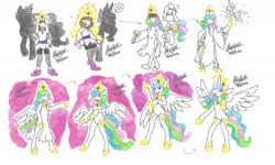 Size: 1280x766 | Tagged: safe, artist:bluelilytz, imported from derpibooru, princess celestia, alicorn, anthro, human, unguligrade anthro, arm hooves, clothes, cosplay, costume, crown, doll, dollified, dress, female, human to anthro, inanimate tf, jewelry, mare, ponysuit, possession, regalia, side slit, story included, traditional art, transformation, transformation sequence