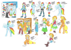 Size: 1280x906 | Tagged: safe, artist:bluelilytz, imported from derpibooru, applejack, rainbow dash, anthro, earth pony, human, pegasus, unguligrade anthro, arm hooves, blushing, clothes, cosplay, costume, crossdressing, doll, dollified, dress, female, human to anthro, inanimate tf, kigurumi, male, mare, ponysuit, possession, story included, traditional art, transformation