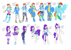 Size: 2338x1654 | Tagged: safe, artist:bluelilytz, imported from derpibooru, rainbow dash, rarity, anthro, human, pegasus, semi-anthro, unguligrade anthro, unicorn, arm hooves, bipedal, blushing, blushing profusely, bodysuit, clothes, cosplay, costume, crossdressing, cutie mark, cutie mark on clothes, equestria girls outfit, female, human to anthro, ponysuit, skirt, story included, traditional art, transformation, transformation sequence, uniform, unitard, wonderbolts uniform