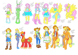 Size: 2338x1654 | Tagged: safe, artist:bluelilytz, imported from derpibooru, applejack, big macintosh, fluttershy, anthro, earth pony, human, original species, pegasus, plush pony, semi-anthro, unguligrade anthro, applejack's hat, arm hooves, blushing, blushing profusely, bodysuit, clothes, cosplay, costume, cowboy hat, crossdressing, cutie mark, cutie mark on clothes, dress, equestria girls outfit, female, hat, human to anthro, pajamas, plushie, ponysuit, story included, traditional art, transformation, transformation sequence