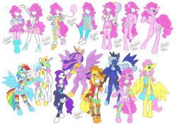 Size: 2338x1654 | Tagged: safe, artist:bluelilytz, imported from derpibooru, applejack, fluttershy, pinkie pie, princess celestia, princess luna, rainbow dash, rarity, twilight sparkle, alicorn, anthro, earth pony, human, pony, semi-anthro, unguligrade anthro, the last problem, arm hooves, blushing, bodysuit, clothes, cosplay, costume, crown, cutie mark, cutie mark on clothes, equestria girls outfit, female, hoof shoes, human to anthro, jewelry, mane six, older, older twilight, peytral, ponysuit, princess twilight 2.0, regalia, smiling, story included, traditional art, transformation, transformation sequence, twilight sparkle (alicorn)