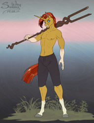 Size: 917x1200 | Tagged: safe, artist:sunny way, imported from derpibooru, sunburst, anthro, unguligrade anthro, unicorn, alternate universe, belly button, chin fluff, clothes, coat markings, evil, evil grin, evil sunburst, grass, grin, horn, looking at you, male, male nipples, muscles, nipples, partial nudity, patreon, patreon reward, role reversal, smiling, socks (coat markings), solo, staff, staff of sameness, topless