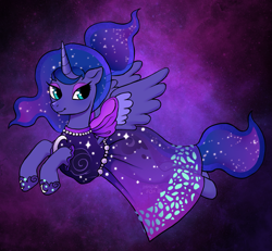 Size: 1873x1732 | Tagged: safe, artist:immunefox, imported from derpibooru, princess luna, alicorn, pony, bow, clothes, couture, digital art, dress, fanart, fashion, floating, flying, looking away, moon, procreate app, purple background, shoes, simple background, space, stars, turquoise eyes