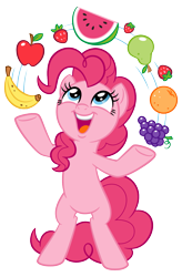 Size: 1341x2048 | Tagged: artist needed, source needed, safe, imported from derpibooru, pinkie pie, earth pony, pony, apple, banana, bipedal, cute, diapinkes, female, food, grapes, juggling, mare, orange, pear, simple background, solo, stock vector, strawberry, transparent background, watermelon