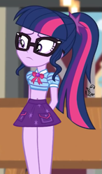 Size: 331x567 | Tagged: safe, artist:flutteryaylove, edit, edited screencap, imported from derpibooru, screencap, sci-twi, twilight sparkle, equestria girls, equestria girls series, holidays unwrapped, spoiler:eqg series (season 2), belly button, clothes, female, midriff, miniskirt, skirt, solo, the cider louse fools