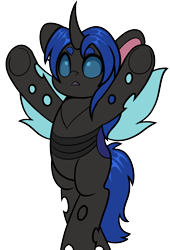 Size: 2726x4000 | Tagged: safe, artist:partylikeanartist, imported from derpibooru, oc, oc only, oc:swift dawn, changeling, pony, bipedal, blue changeling, changeling oc, changeling wings, commission, cute, eyebrows, horn, male, ocbetes, simple background, solo, subversive kawaii, transparent background, transparent wings, underhoof, upsies, wings, ych result