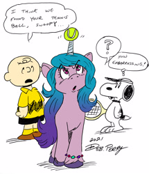 Size: 2406x2798 | Tagged: safe, artist:debmervin, color edit, edit, imported from derpibooru, izzy moonbow, dog, human, pony, unicorn, ball, charlie brown, colored, crossover, dialogue, female, g5, high res, horn, horn guard, horn impalement, hornball, izzy's tennis ball, looking at you, looking up, male, mare, open mouth, peanuts, question mark, simple background, snoopy, speech bubble, tennis ball, white background