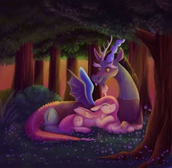 Size: 897x877 | Tagged: safe, artist:angeryduckling, imported from derpibooru, discord, fluttershy, draconequus, pegasus, pony, beard, blushing, cuddling, discoshy, eyes closed, facial hair, fangs, female, flower, forest, lying down, male, mare, noon, outdoors, prone, shipping, straight, traditional art, tree