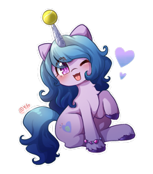 Size: 849x966 | Tagged: safe, artist:yilo, imported from derpibooru, izzy moonbow, pony, unicorn, spoiler:my little pony: a new generation, ball, blushing, bracelet, cute, eye clipping through hair, female, floating heart, friendship bracelet, g5, heart, horn, hornball, izzy's tennis ball, izzybetes, jewelry, looking at you, mare, my little pony: a new generation, one eye closed, open mouth, raised hoof, simple background, sitting, solo, tennis ball, transparent background, unshorn fetlocks, wink, winking at you