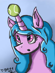 Size: 3000x4000 | Tagged: safe, artist:t-bon3thepony, imported from derpibooru, izzy moonbow, pony, unicorn, :o, ball, blue background, bust, cute, female, g5, get, horn, horn impalement, hornball, izzy's tennis ball, izzybetes, looking up, mare, open mouth, simple background, solo, tennis ball, x00000 milestone