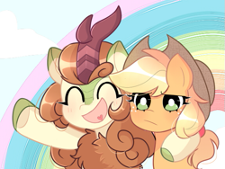 Size: 573x431 | Tagged: safe, artist:arwencuack, imported from derpibooru, applejack, autumn blaze, earth pony, kirin, unicorn, a kirin tale, angry, autumn, awwtumn blaze, cute, eyes closed, female, friendship, happy, hat, heart tongue, hoof around neck, open mouth, open smile, rainbow, scene, scene interpretation, smiling, white pupils