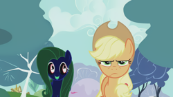 Size: 1920x1080 | Tagged: safe, edit, edited screencap, imported from derpibooru, screencap, applejack, fluttershy, earth pony, pegasus, pony, applebuck season, season 1, applejack is not amused, day, duo, female, inverted colors, looking at you, mare, outdoors, scary, smiling, tree, unamused