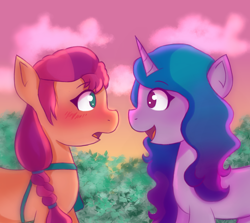 Size: 2150x1920 | Tagged: safe, artist:sunnyroop23, imported from derpibooru, izzy moonbow, sunny starscout, earth pony, pony, unicorn, blushing, female, g5, horn, izzyscout, lesbian, looking at each other, mare, open mouth, open smile, shipping, smiling