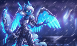 Size: 4000x2400 | Tagged: safe, artist:shad0w-galaxy, imported from derpibooru, anthro, pegasus, bow, city, commission, cyberpunk, female, high res, league of legends, mare, snow, solo