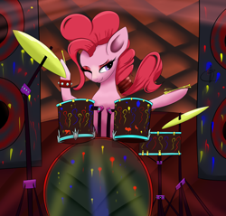 Size: 2590x2480 | Tagged: safe, artist:guatergau5, imported from derpibooru, pinkie pie, earth pony, pony, bracelet, drum kit, drums, high res, jewelry, light, music, musical instrument, one eye closed, rock (music), rockstar, solo, speaker, spiked wristband, wristband