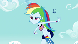 Size: 1280x720 | Tagged: safe, artist:flutteryaylove, edit, edited screencap, imported from derpibooru, screencap, rainbow dash, equestria girls, equestria girls (movie), friendship games, clothes, female, sky, solo, sports bra