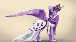 Size: 3840x2160 | Tagged: safe, alternate version, artist:tenebrisnoctus, imported from derpibooru, twilight sparkle, alicorn, pony, clothes, crown, dress, female, high res, hoof shoes, jewelry, leonine tail, mare, necklace, regalia, simple background, smiling, solo, spread wings, tail, twilight sparkle (alicorn), unshorn fetlocks, wings