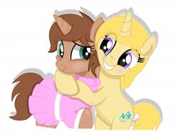 Size: 960x738 | Tagged: safe, artist:chip16, imported from derpibooru, oc, oc:heroic armour, oc:pearl armour, pony, unicorn, brother and sister, clothes, colt, crossdressing, dress, fake eyelashes, female, femboy, hug, looking at each other, male, mare, sibling love, siblings, smiling, smiling at each other, teenager