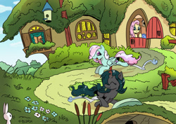 Size: 1280x906 | Tagged: safe, artist:pony-berserker, artist:saturdaymorningproj, imported from derpibooru, fluttershy, oc, oc:lily pad, oc:nightshade, rabbit, animal, bird house, bridge, commission, eyes closed, fluttershy's cottage, tongue out