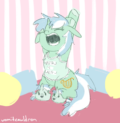 Size: 482x493 | Tagged: safe, artist:vomitcauldron, lyra heartstrings, pony, unicorn, clothes, drawthread, eyes closed, female, horn, mare, open mouth, pajamas, pillow, shirt, slippers, solo, stretching, waifu, yawn