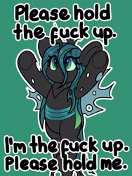 Size: 3014x4000 | Tagged: safe, artist:partylikeanartist, imported from ponybooru, queen chrysalis, changeling, changeling queen, bipedal, female, green background, hooves in air, open mouth, pun, simple background, solo, spread wings, subversive kawaii, text, underhoof, upsies, vulgar, wings