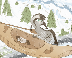 Size: 868x701 | Tagged: safe, artist:vomitcauldron, oc, oc only, oc:river bed, oc:still lake, pony, boat, canoe, duo, featured image, female, filly, foal, kayak, mare, oar, sleeping, snow, snow mare, snowpony (species), taiga pony, tree, yakutian horse