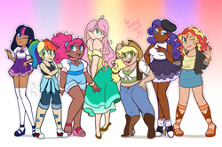 Size: 1659x1104 | Tagged: safe, artist:xxdemonpeachxx, imported from derpibooru, applejack, fluttershy, pinkie pie, rainbow dash, rarity, sunset shimmer, twilight sparkle, human, equestria girls, applejack's hat, bandaid, bare shoulders, beret, boots, clothes, colored pupils, converse, cowboy boots, cowboy hat, dark skin, diverse body types, dress, feet, female, freckles, gap teeth, hand on hip, hat, high heels, humane five, humane seven, humane six, humanized, jeans, lidded eyes, mary janes, moderate dark skin, nail polish, one eye closed, overalls, pants, sandals, shoes, shorts, shortstack, shoulder freckles, skirt, sports bra, stockings, tallershy, thigh highs, toenail polish, wink