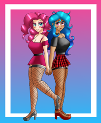 Size: 1800x2200 | Tagged: safe, artist:zachc, imported from derpibooru, izzy moonbow, pinkie pie, human, breasts, choker, cleavage, clothes, dress, duo, duo female, female, fishnet clothing, fishnets, g4, g5, generation leap, gradient background, high heels, humanized, looking at you, shoes, skirt